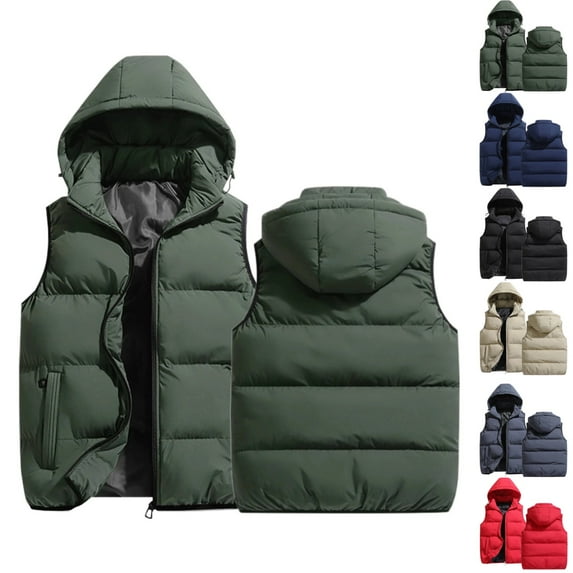 Zimjoy Mens Puffer Vest Windproof Thick Big and Tall Winter Vest Warm Adjustable Hooded Vests Outerwear Casual Light Zip Up Mens Puffer Coat with Pockets, Army Green XL