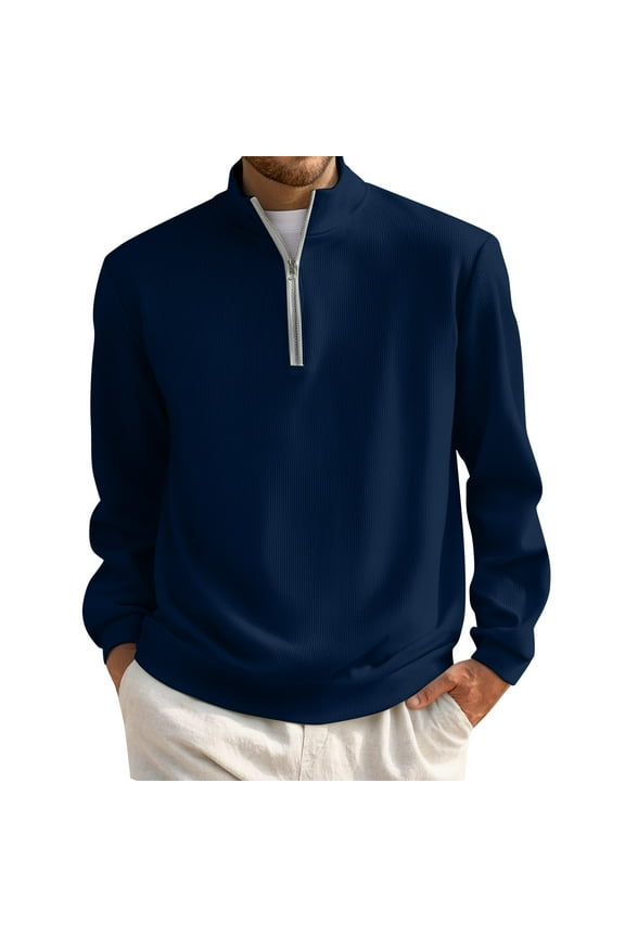 Mens Pullover Quarter Zip Casual Lightweight 1/4 Zip Sweater Men Fall Mock Neck Long Sleeve 1/4 Zip Fleece Pullover Mens Texture Waffle Sweatshirt, Dark Blue L