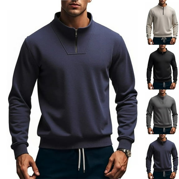 Zimjoy Mens Quarter Zip Pullover Casual Lightweight Slim Fit Pullovers Mock Neck Half Zip Cotton Sweatshirts Winter Gym Golf Sweaters, Navy L