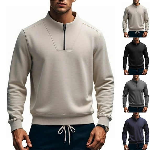 Zimjoy Mens Quarter Zip Pullover Cotton Mock Neck Half Zip Pullovers Casual Slim Fit Lightweight Sweatshirt Sports Fall Polo Sweaters, Khaki M
