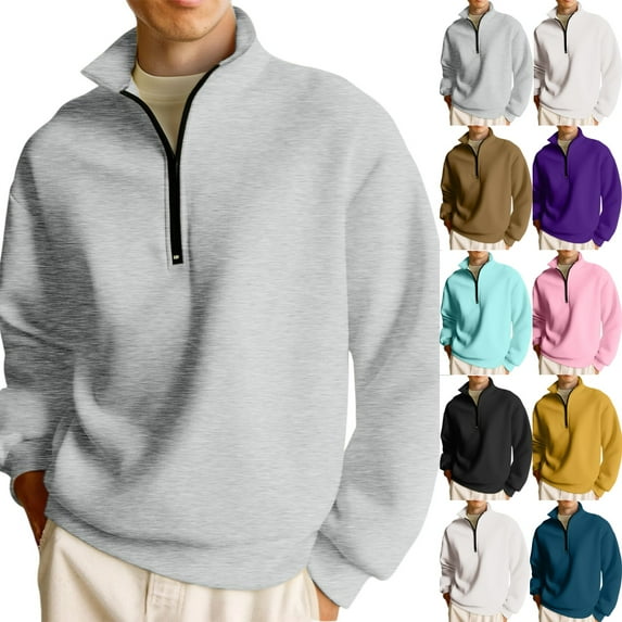 Zimjoy Mens Quarter Zip Pullover Long Sleeve Mock Neck Gray Zip Up Hoodie Casual 1/4 Zip Pullover Mens Winter Lightweight Mens Shirts, Light Gray 2XL