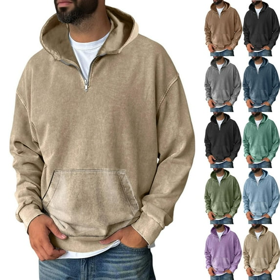 Zimjoy Mens Quarter Zip Pullover Vintage Distressed Acid Wash Sweatshirt Winter Zip Up Hoodie Men Drop Shoulder Long Sleeve Casual Lightweight Hooded Sweatshirt with Pockets, Camel L