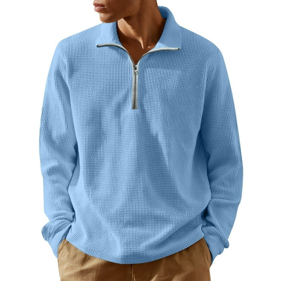 Zimjoy Mens Quarter Zipper Pullover Casual Lightweight Quarter Zip Sweatshirt Men Fall Mock Neck Long Sleeve 1/4 Zip Pullover Mens Texture Waffle Sweatshirt, Sky Blue 2XL