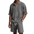thumbnail image 1 of Zimjoy Mens Short Sets Two Pieces Outfits 1/4 Zipper Waffle Knit Short Sleeve Polo Shirts and Shorts Set Summer Casual Tracksuits, Gray M, 1 of 7