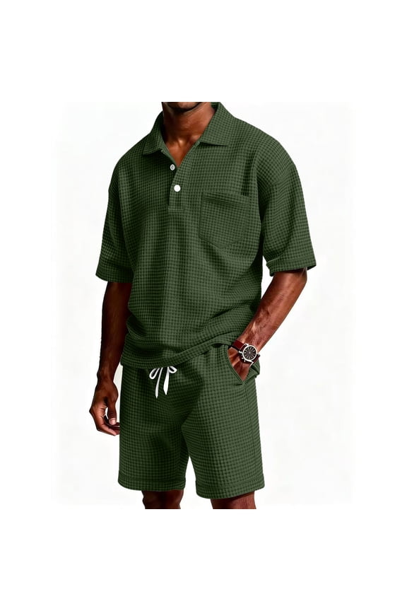 Mens Short Sets Two Pieces Outfits Button Waffle Knit Shorts and Short Sleeve Polo Shirts Set Summer Casual Tracksuits, Army Green XL