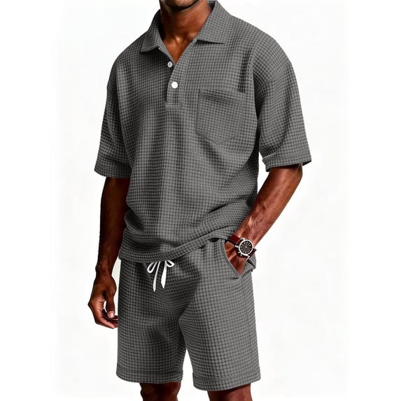 Zimjoy Mens Short Sets Two Pieces Outfits Button Waffle Knit Shorts and Short Sleeve Polo Shirts Set Summer Casual Tracksuits, Gray L