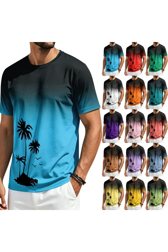 Mens Short Sleeve T-Shirts Casual Palm Graphic Gradient Printed Tee Crewneck Summer Beach Hawaiian Vintage Shirts Red M