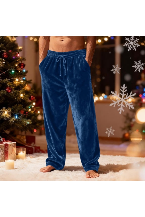 Mens Sleep Pants Casual Thermal Lounge Pant Plush Velour Sleep Pant Warm Christmas Lounge Pants, Blue XL
