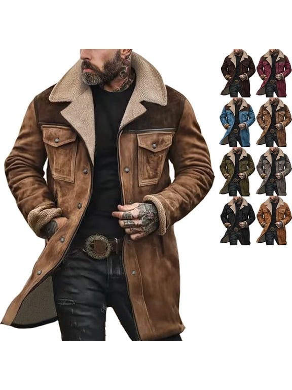 Mens Suede Jacket Vintage Regular Fit Double Breasted Trench Coats Windproof Lapel Collar Wool-Blend Pea Coat Casual Long Trench Coats Thermal Winter Overcoat, Khaki M