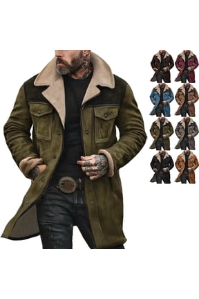 Mens Suede Jacket Vintage Slim Fit Double-Breasted Trench Coats Windproof Lapel Collar Wool Blend Pea Coat Casual Long Trench Coats Thermal Winter Overcoat, Army Green 2XL