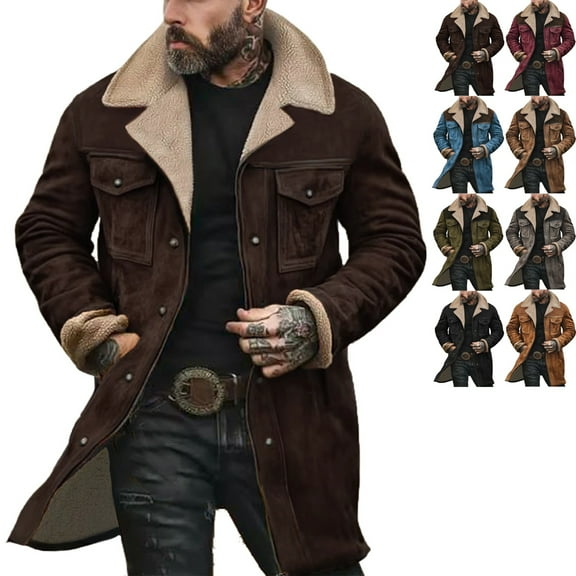 Zimjoy Mens Suede Jacket Vintage Slim Fit Double Breasted Trench Coats Windproof Lapel Collar Wool-Blend Pea Coat Casual Long Trench Coats Warm Winter Jackets, Coffee 3XL