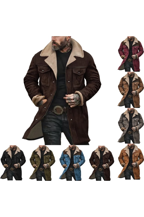 Mens Suede Jacket Western Regular Fit Double Breasted Trench Coats Windproof Lapel Collar Wool-Blend Brown Peacoats Casual Long Trench Coats Thermal Winter Jackets, Coffee L