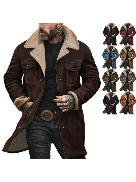 Mens Suede Jacket Western Regular Fit Double Breasted Trench Coats Windproof Lapel Collar Wool-Blend Pea Coat Casual Long Trench Coats Thermal Winter Overcoat, Coffee XL