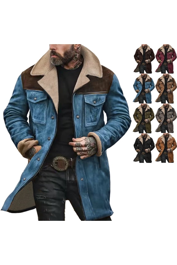 Mens Suede Jacket Western Regular Fit Double-Breasted Trench Coats Windproof Lapel Collar Wool Blend Peacoat Casual Long Trench Coats Warm Winter Overcoat, Blue L