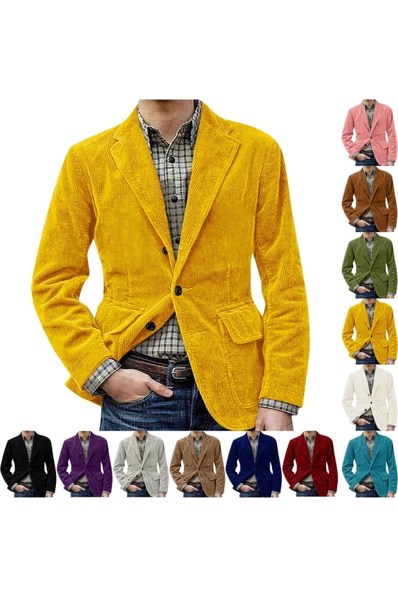 Mens Suit Jackets Slim Fit Casual Blazer Jacket One Button Vintage Corduroy Suit Jacket Business Office Work Blazers Jackets Wedding Party Sport Coats, Yellow 2XL