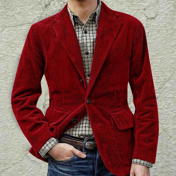 Zimjoy Mens Suit Jackets Vintage Corduroy Suit Jacket One Button Casual Blazer Jacket Slim Fit Sport Coats Business Work Office Blazers Jackets for Prom Party, Red L
