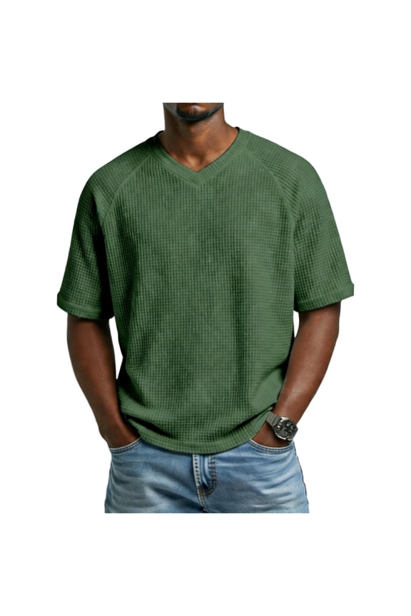 Mens Summer Shirts Waffle V Neck Short Sleeve T Shirts Loose Raglan Casual T-shirts, Army Green XL