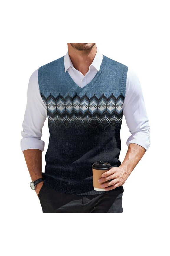 Mens Sweater Vest Casual V Neck Fair Isle Knit Sweater Vest Oversize Sleeveless Men's Sweaters Western Boho Spring Sweater Vests, Blue 4XL