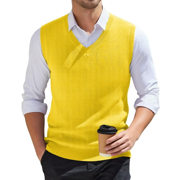Zimjoy Mens Sweater Vest Casual V-Neck Knitted Sweater Vest Big and Tall Sleeveless Sweaters for Men Vintage Basic Winter Sweater Vests, Yellow XL