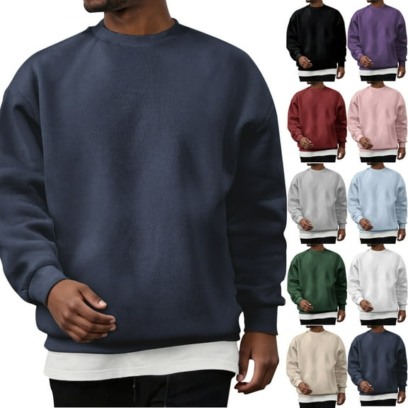 Zimjoy Mens Sweatshirt Casual Long Sleeve Crewneck Sweatshirt Fashion Solid Color Pullover Cotton Blend Thermal Winter Clothes, Navy L
