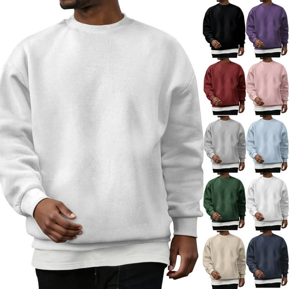 Zimjoy Mens Sweatshirt Casual Long Sleeve Mens Crewneck Sweatshirts Fashion Solid Color Pullover Cotton Blend Thermal Winter Clothes, White L
