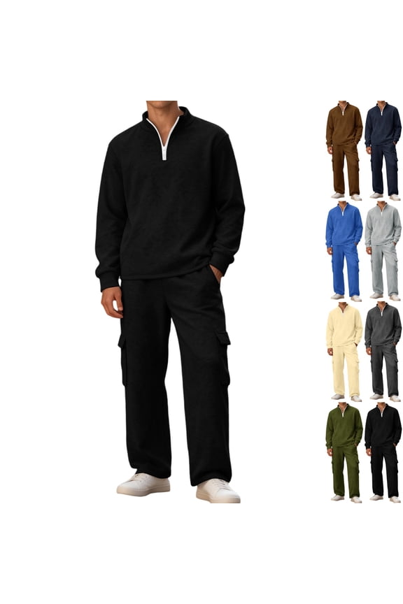 Mens Sweatsuit Gym Track Suits Mens Casual Sweatshirt and Cargo Pants Set Spring Fall Outfits with Pockets, Black L
