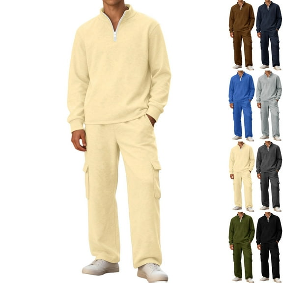 Zimjoy Mens Sweatsuits 2 Piece Set Gym Track Suits Mens Casual Full Zip Up Sweatshirt and Cargo Pant Spring Fall Jogging Suits Sets with Pockets, Beige M