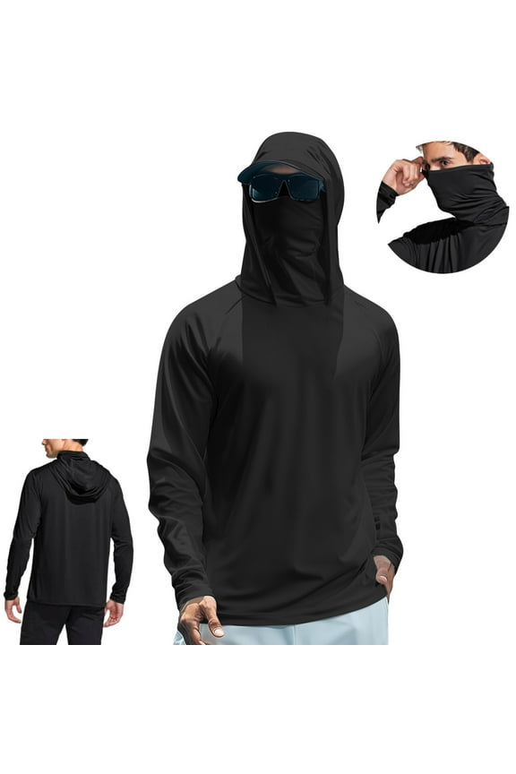 Mens Swim Shirts Sun Protection Shirts with Mask UPF 50 Rash Guards Cooling Hoodies Lightweight Long Sleeve Fishing Blouses, Black L