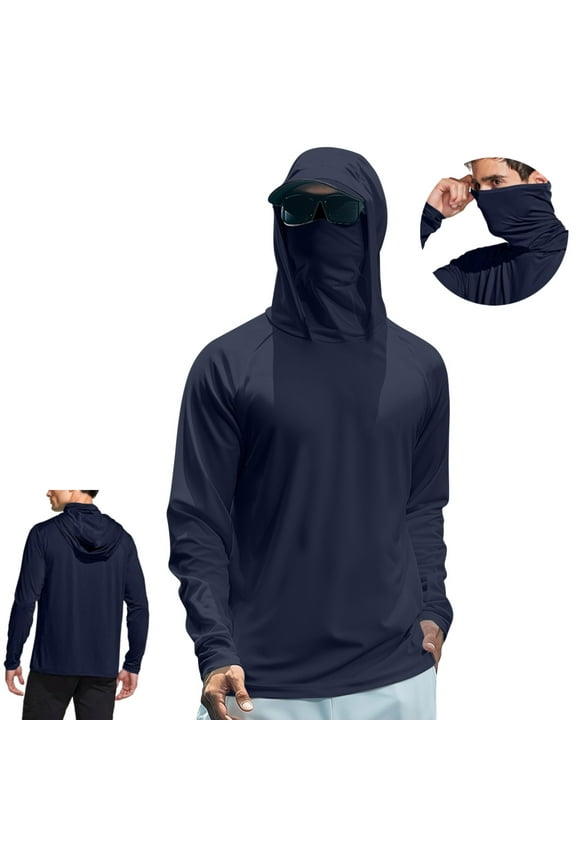 Mens Swim Shirts Sun Protection Shirts with Mask UPF 50 Rash Guards Cooling Hoodies Lightweight Long Sleeve Fishing Blouses, Navy S