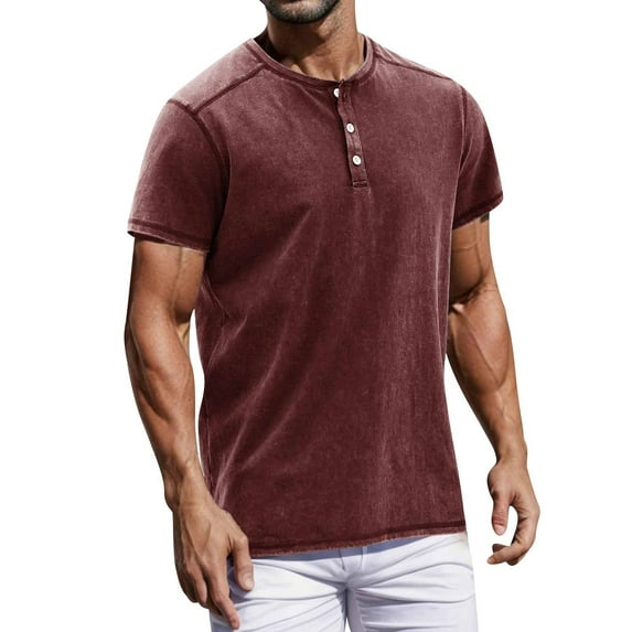 Zimjoy Mens T-Shirt Casual Stretch Solid Henley Neck Short Sleeve Tees Basic Shirts (Wine, 2XL)