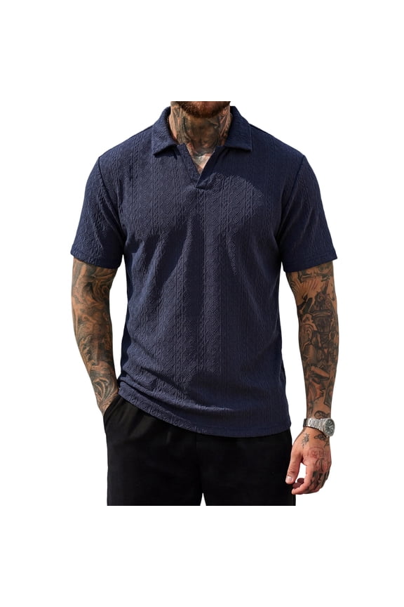 Mens Textured Polo Shirts Knit Jacquard V Neck Short Sleeve Tee Casual Vintage Buttonless Shirts Navy M