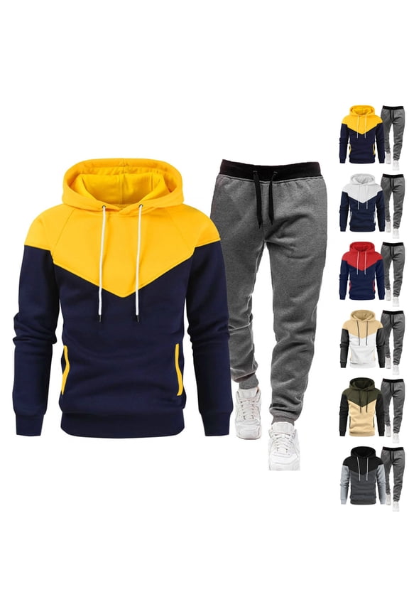 Mens Track Suits 2 Piece Set Gym Men Sweatsuits Sets Autumn Winter Sweatshirt and Sweatpants Set Casual Outfits with Pockets, Yellow 2XL