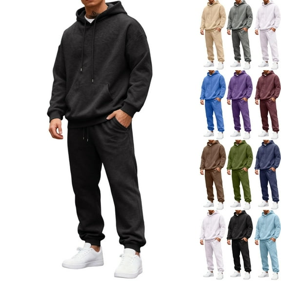 Zimjoy Mens Track Suits 2 Piece Set Gym Mens Sweatsuit Sherpa Lined Hoodie and Cargo Sweatpants Set Casual Winter Sportswear Tracksuits with Pockets, Black L
