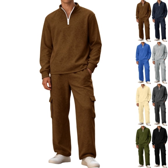 Zimjoy Mens Track Suits 2 Piece Set Workout Men Sweatsuits Sets Spring Fall Full Zip Up Sweatshirt and Cargo Pants Set Casual Jogging Suit with Pockets, Brown 2XL
