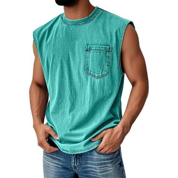 Zimjoy Mens Vintage Tank Tops Loose Fit Fashion Simple Sleeveless Shirts Crew Neck Pullover Distressed Shirts Streetwear with Pocket, Green S
