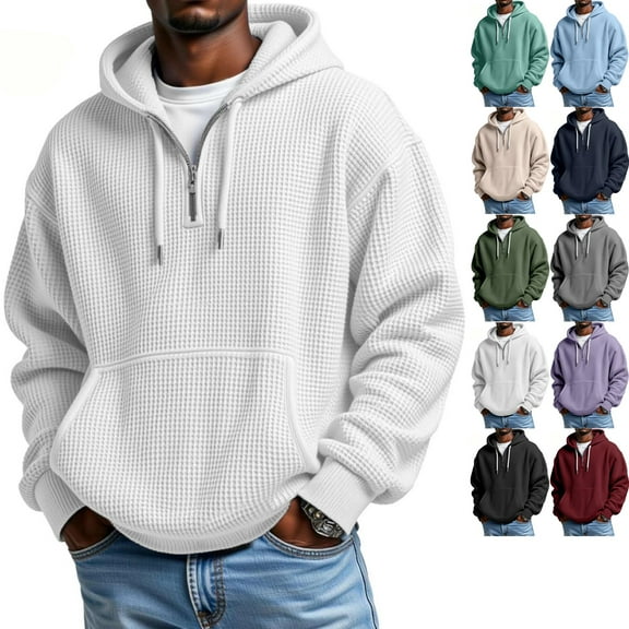 Zimjoy Mens Waffle Hoodie Casual Plus Size 1/4 Zip Hoodie Men Long Sleeve Hoodies Pullover Drawstring Hooded Sweatshirt with Pocket, Light Gray 5XL