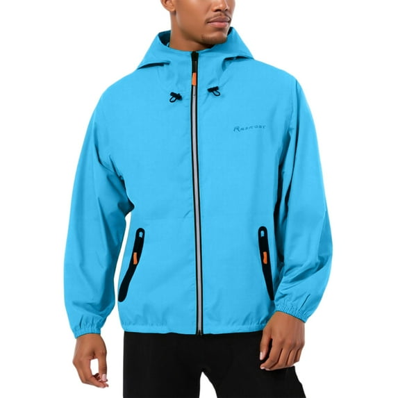 Zimjoy Mens Windbreaker Jacket Waterproof Lightweight Hooded Rain Coat Athletic Plus Size Full Zip Jackets with Pocket Fishing Hiking Clothing, Sky Blue L