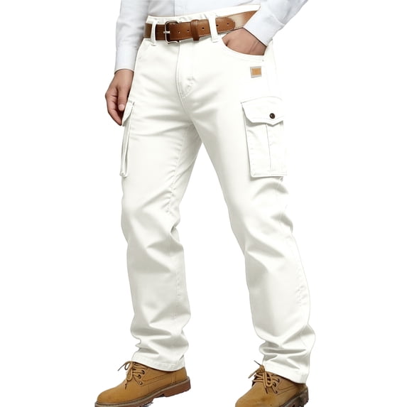 Zimjoy Mens Work Pants Durable Tear-Resistant Retro Denim Cargo Pants Durable Straight Leg Multi-Pockets Trousers for Construction Working, White L