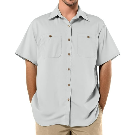 Zimjoy Mens Work Shirts Casual Short Sleeve Big and Tall Shirts Men Relaxed Fit Collared Two Pockets T-Shirts Lightweight Mechanic Industrial Work Wear, Light Gray L