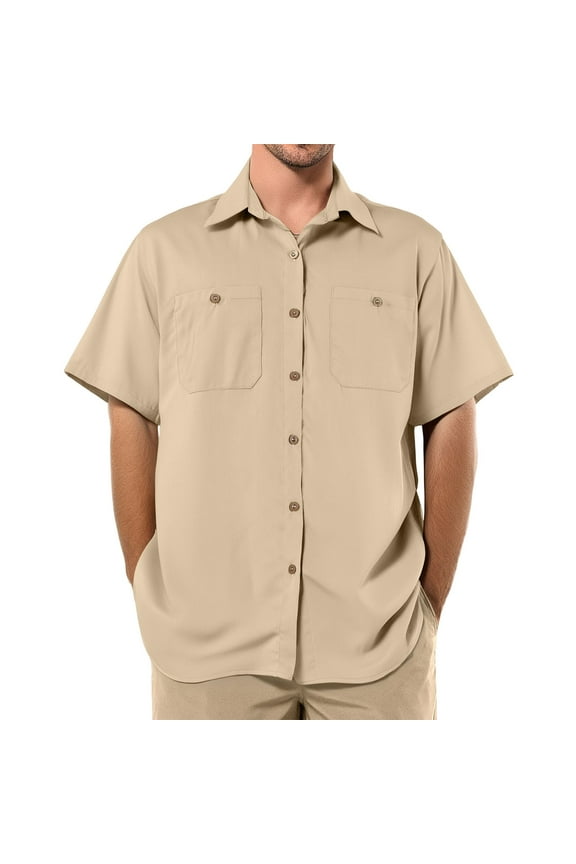 Mens Work Shirts Casual Short Sleeve Big and Tall Shirt Men Regular Fit Collared Two Pockets T-Shirts Lightweight Mechanic Clothes, Khaki 3XL