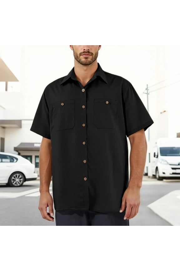Mens Work Shirts Casual Short Sleeve Big and Tall Shirt Men Relaxed Fit Collar Two Pockets T-Shirts Lightweight Mechanic Clothes, Black L