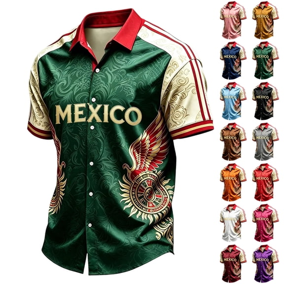Zimjoy Mexico Soccer Jersey Shirt for Men 2026 World Soccer Game National Team 2D Graphic Collared Short Sleeve Button Down Shirts Black L