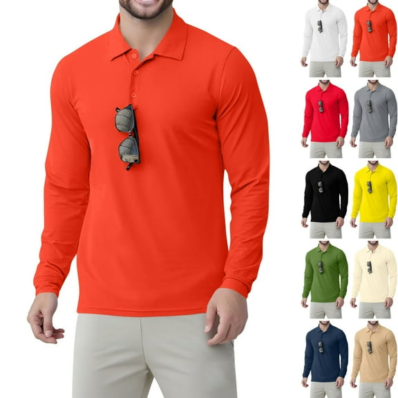 Zimjoy Orange Henley Shirts for Men Casual Breathable Long Sleeve Shirts Lightweight V-Neck Button Henley Shirt Loose Fit Quick Dry UPF 50+ Clothes, Vermilion M