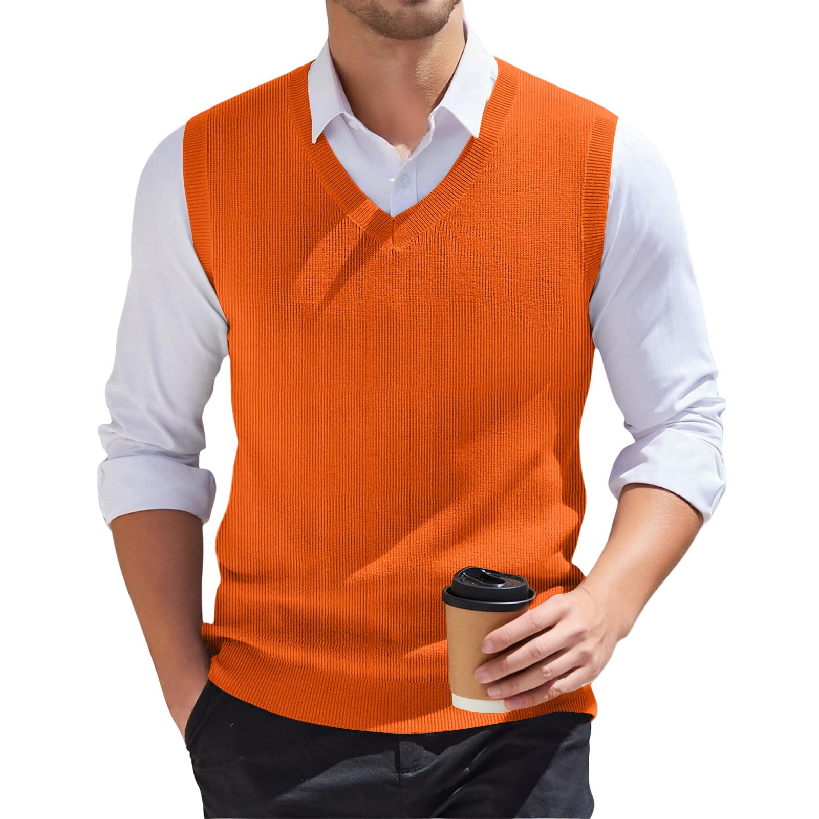 Zimjoy Orange Sweater Vest for Men Casual V Neck Knitted Sweater