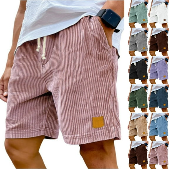 Zimjoy Oversized Corduroy Shorts Men Causal 5" Elastic Waist Summer Shorts Drawstring Ribbon Beach Shorts Mens Vintage Lightweight Fit Short with Pockets, Pink 2XL