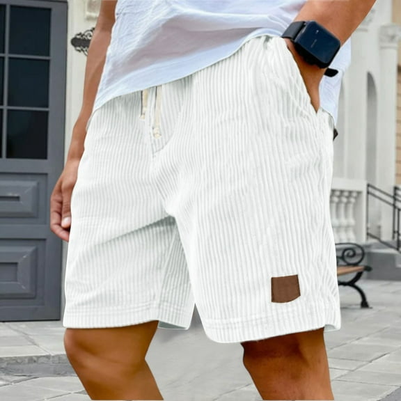 Zimjoy Oversized Corduroy Shorts Men Causal 5" Elastic Waist Summer Shorts Drawstring Textured Beach Shorts Mens Vintage Lightweight Fit Short with Pockets, White L