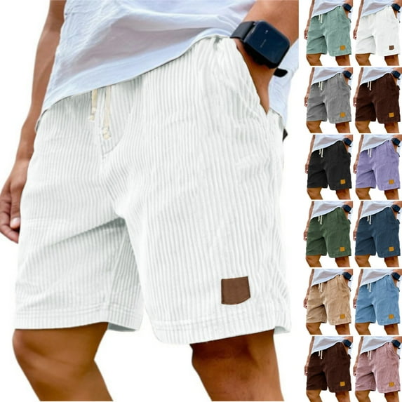 Zimjoy Oversized Corduroy Shorts Men Causal 5" Inseam Elastic Waist Summer Shorts Drawstring Ribbon Beach Shorts Mens Retro Lightweight Fit Short with Pockets, White L