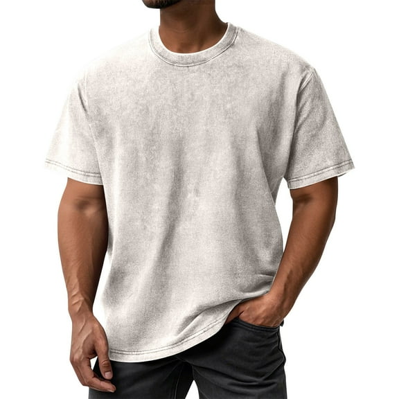 Zimjoy Oversized Tshirts for Men Casual Crew Neck Beige Tshirt Men Vintage Mens Washed Cotton T Shirts Loose Fit Short Sleeve Fashion Clothing, Beige L