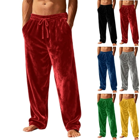 Zimjoy Pajama Bottoms Men Casual Thermal Lounge Bottoms Plush Velvet Sleep Pant Warm Christmas Lounge Pants, Red XL