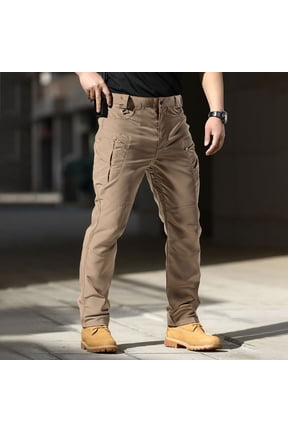Pants for Men Cargo Waterproof Ripstop Work Pants Light Weight Relaxed Fit Utility Trousers Durable Waistband Hiking Trousers with Multi Pocket, Khaki L
